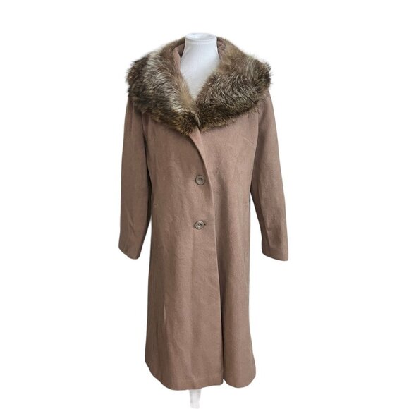 Vintage 70s M Coat Union Made Wool Fur Trimmed Collar Winter Coat Retro Pink Tan - Picture 1 of 14
